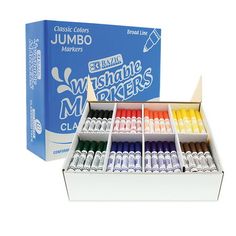 a box of jumbo washable crayons with its contents in it and the box next to it