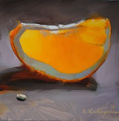 a painting of an orange on a gray background