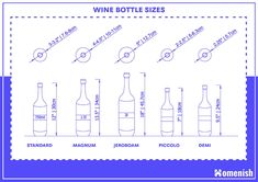 the wine bottle sizes are shown in blue and white, as well as measurements for each bottle