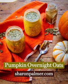 pumpkin overnight oats in jars on an orange towel