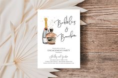 an elegant bridal party card with champagne bottles and confetti on the top