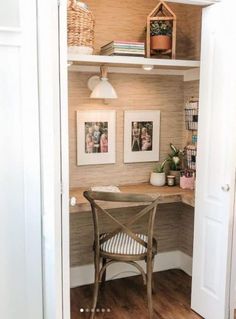 an open door leading to a desk with a chair and pictures hanging on the wall