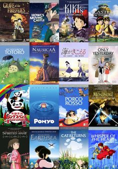 many anime movies are shown together in this collage, with one being an animated character