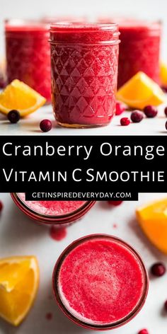 cranberry orange and vitamin c smoothie in small glasses with lemons on the side