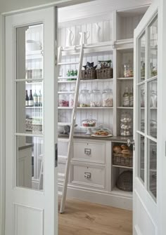 an open door leading to a pantry filled with food and drinks, next to a ladder