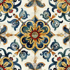 an ornate tile design with blue, yellow and red colors