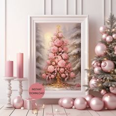 a christmas tree with pink roses in front of it, surrounded by ornaments and candles