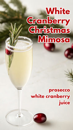 White Cranberry Christmas Mimosa White Cranberry Christmas Cocktail, Christmas Themed Mimosa, Champagne With Cranberries, Drinks With White Cranberry Juice, White Wine Cranberry Sangria, Christmas Mimosas Recipe, Cranberry Mimosa Champagne, Holiday Drinks Prosecco, Yummy Christmas Cocktails