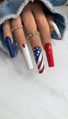 Patriotic Babe Luxury Nails Red White Blue Nails Glitter Nails Coffin Stiletto Square Nails - Etsy 4th Of July Coffin Acrylic Nails, Nail Designs For 4th Of July, Independence Day Nails 4th Of July, 4th Of July Acrylic Nail Designs, Square 4th Of July Nails, 4th Of July Nails Acrylic Coffin, Red 4th Of July Nails, 4th July Nails Design, White 4th Of July Nails