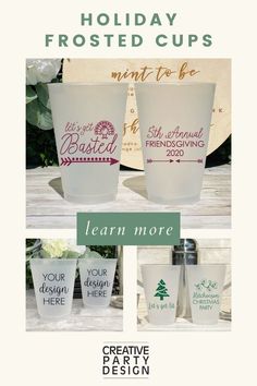 holiday frosted cups with the words learn more