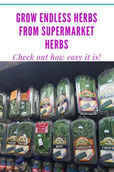 some vegetables and herbs are on display with the words grow endless herbs from supermarket herbs check out how easy it is