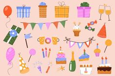 an assortment of birthday items on a pink background