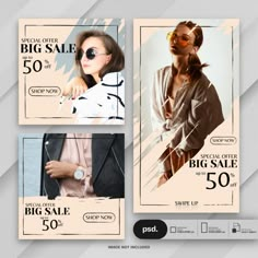 two square flyers for a big sale with woman in sunglasses and jacket on the front