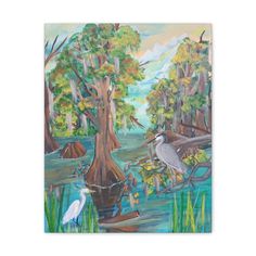 a painting of birds and trees in the water