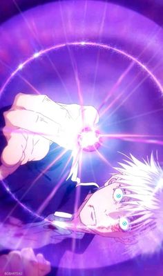 two anime characters are looking at each other in front of a purple background with bright lights