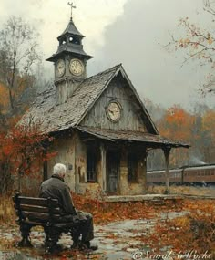 an old man sitting on a bench in front of a building with clocks and trees