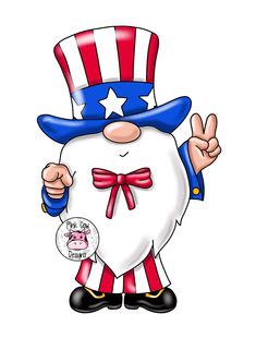 a cartoon uncle with an american flag hat and bow tie, giving the peace sign