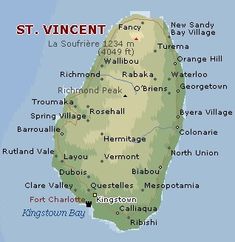 a map of st vincent island in the british virgin islands, with names and major cities