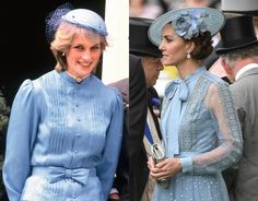 two women in blue dresses and hats standing next to each other at an outdoor event