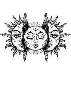 three sun and moon faces with their faces drawn in black ink on a white background