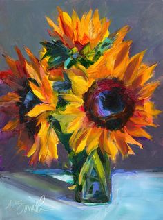 a painting of sunflowers in a glass vase