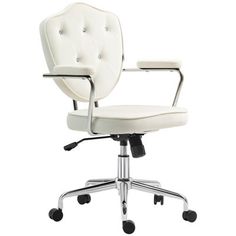 a white office chair with wheels and casteors on an isolated white background, viewed from the front