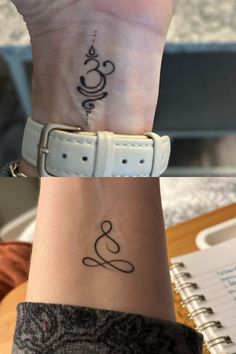 two wrist tattoos with symbols on them, one in black and the other in white