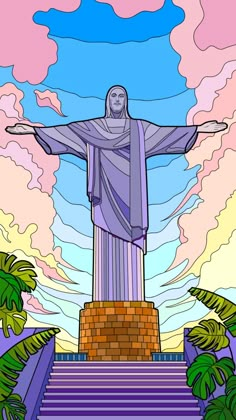 the statue of christ on top of steps with palm trees in the background and clouds