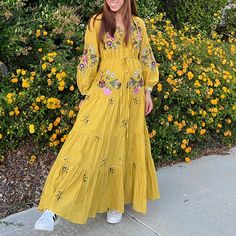 Very Beautiful And Vibrant Dress. Only Worn Once. With Pockets. I Am 5’2”, So The Dress Is Still Quite Long Vibrant Dress, Dress Gold, Dress Flower, Flower Embroidery, Anthropologie Dress, Gold Dress, Anthropologie Dresses, Flower Dresses, Embroidery Flowers