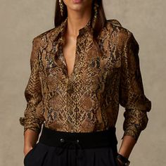 Gorgeous Top By Ralph Lauren Collection, Size 2. This Is From The Pre-Fall 2021 Collection. Pre-Loved And Still In Very Good Condition- 2 Small Snags I Could Find That Are Not Very Noticeable Unless You Are Looking, Please See The Pics. This Has Attached Shoulder Pads. Product Details Ralph Lauren Collection "Natalie" Shirt With Snake Print. Point Collar; Button Front. Long Sleeves; Button Cuffs. Yoked Back; Shoulder Epaulets. Chest Button-Through Utility Pockets. Hem Hits Below The Hip. Relaxed Utility Pockets, Purple Label, Ralph Lauren Purple Label, Ralph Lauren Collection, Back Shoulder, Pre Fall, Snake Print, Shoulder Pads, Snake Skin