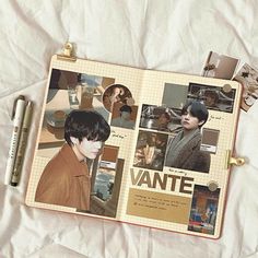 an open book with photos and pens on it, next to a pen that says vante