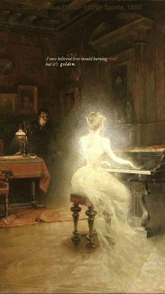 a painting of a woman in a white dress sitting at a piano with a man standing behind her