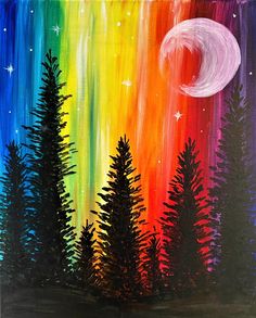 an acrylic painting of trees with the moon in the sky and stars above them