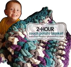 a young boy sitting in front of a crocheted blanket with the words 2 - hour couch potato blanket