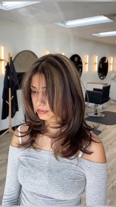 Layered Haircuts For Medium Hair Highlights, 90s Dark Hair With Highlights, Face Framing Highlights Medium Hair, Dark Brown Hair With Highlights 90s, Shag Brunette Hair, Long Brown Hair With Highlights And Layers, Top Highlights Hair Brunettes, Brown Hair With Black Streaks, Layered Hair 360