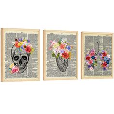 three pieces of art on an old book with flowers in the shape of a skull