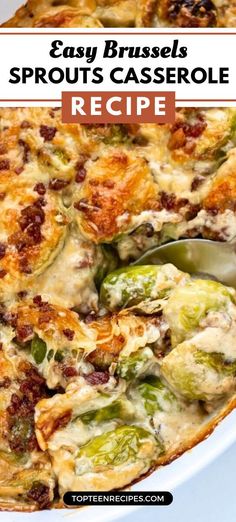 an easy brussel sprouts casserole recipe in a white dish