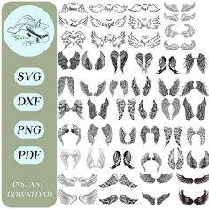 a large collection of hand drawn wings in different styles and sizes, with the text svg dxf png