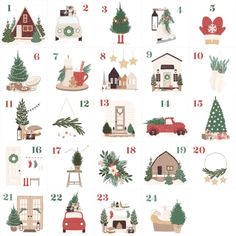 a christmas calendar with different types of holiday trees and decorations on it's sides