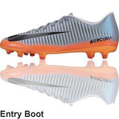 the nike mercurial fg soccer cleat is shown in metallic and orange