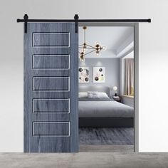 an open door to a bedroom with a bed in the background