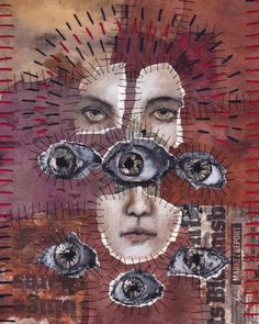 an abstract painting with multiple faces and different shapes, including the eyeballs on each face