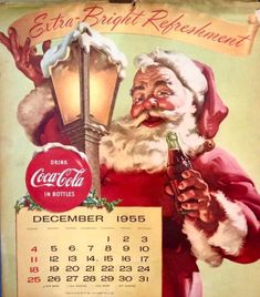 an old fashioned calendar with santa claus holding a lamppost and coca - cola bottle