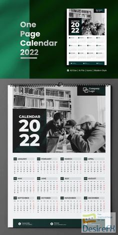 a green and white calendar with two men in the library