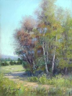 an oil painting of trees and grass on a sunny day