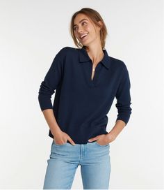 Women's Cotton/Cashmere Sweater, Polo | Sweaters at L.L.Bean Polo Sweater Outfit, Polo Shirt Outfits, Polo Outfit, Sweater Polo, Ll Bean Women, Fall Capsule Wardrobe, Kids Outerwear, Polo Sweater, Women's Sweaters