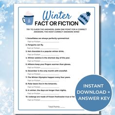 the winter fact worksheet with an image of snowflakes in the background