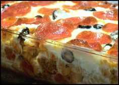 pepperoni and olive pizza casserole is ready to be served in the oven