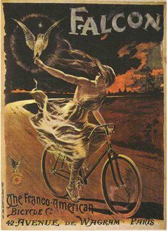 an advertisement for the bicycle company falcon, featuring a woman on a bike with a dove flying above her