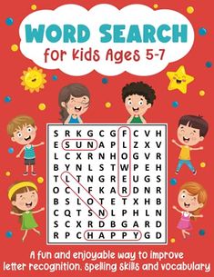 the word search for kids ages 5 - 7 is shown on a red book cover